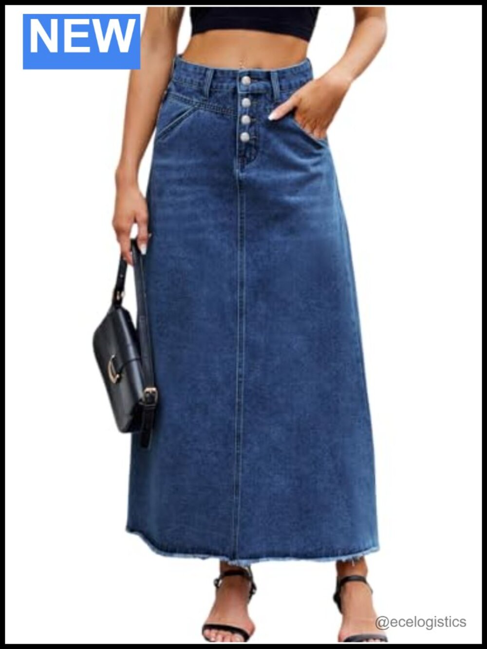 High Waist Maxi Denim Skirt Frayed Hem Button Front A-Line Jean Skirt
